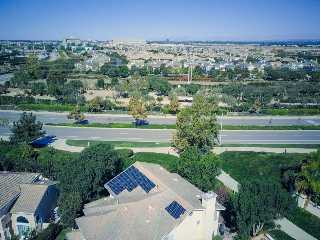 Aerial view of homes fitted with rooftop solar