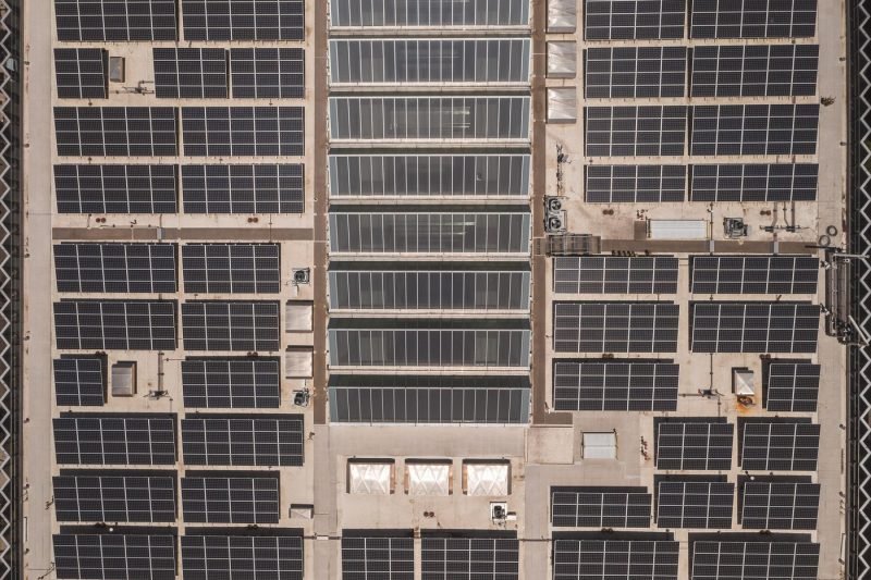 Aerial view of a rooftop solar array