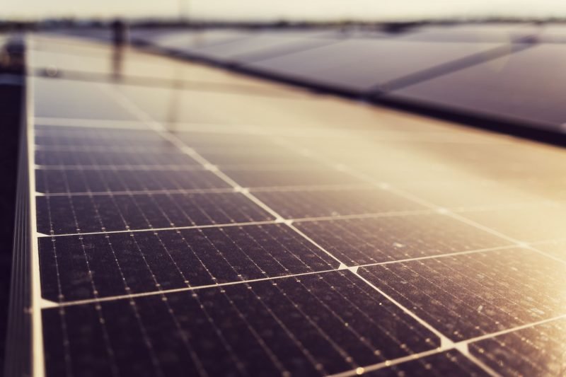 Close view of solar cells catching low sunlight